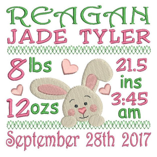 Baby girl birth announcement -custom embroidery design by rosiedayembroidery.com