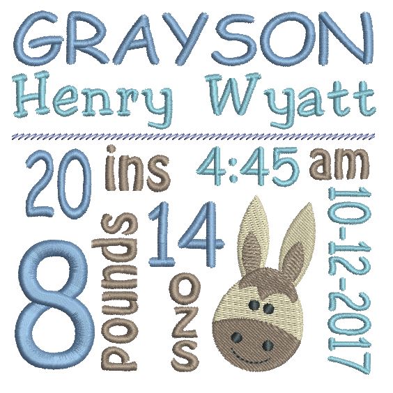 Baby boy birth announcement -custom embroidery design by rosiedayembroidery.com