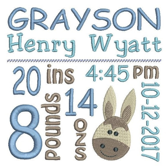 Baby boy birth announcement -custom embroidery design by rosiedayembroidery.com