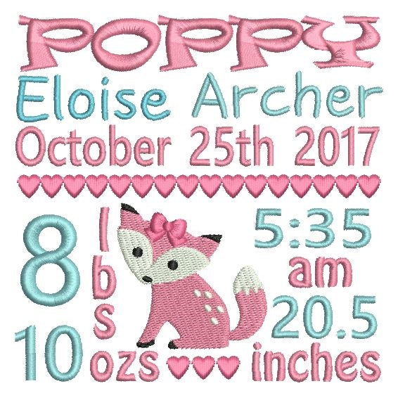 Baby Birth Announcement -Customised Machine Embroidery Design by rosiedayembroidery.com
