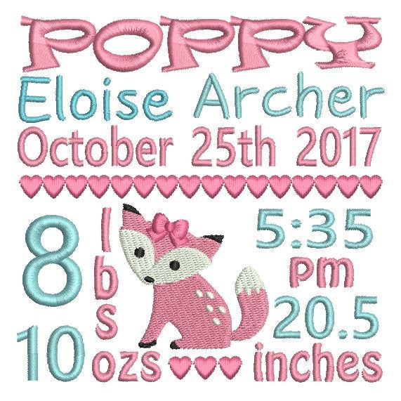 Baby girl birth announcement -custom embroidery design by rosiedayembroidery.com
