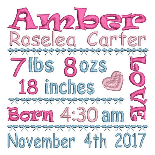 Baby birth announcement -custom embroidery design by rosiedayembroidery.com