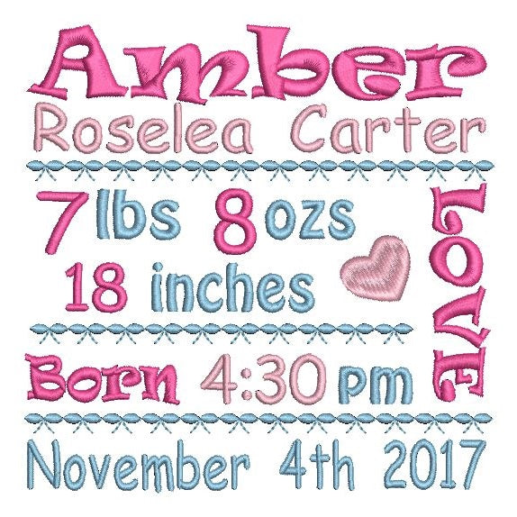 Baby birth announcement -custom embroidery design by rosiedayembroidery.com