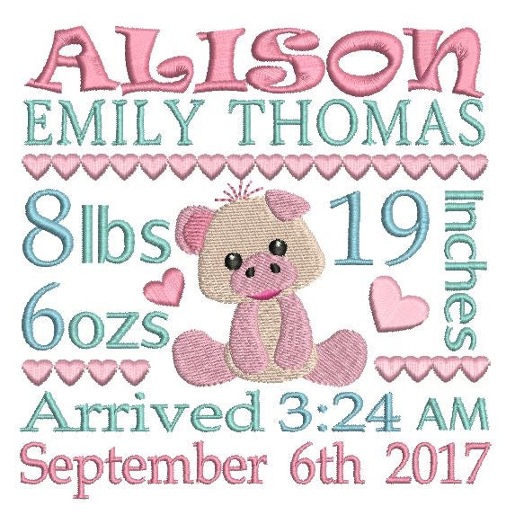 Baby birth announcement template machine embroidery design by rosiedayembroidery.com
