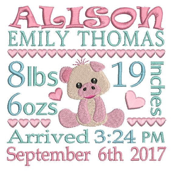 Baby birth announcement template machine embroidery design by rosiedayembroidery.com