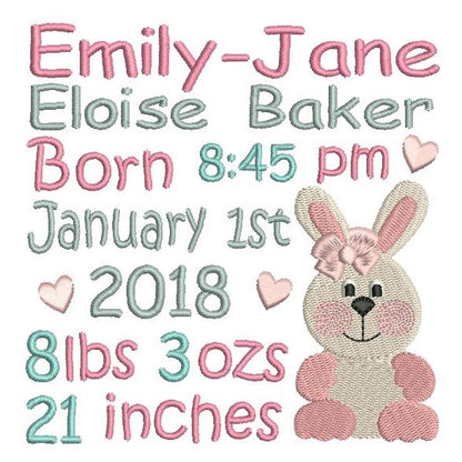 Baby birth announcement -custom embroidery design by rosiedayembroidery.com