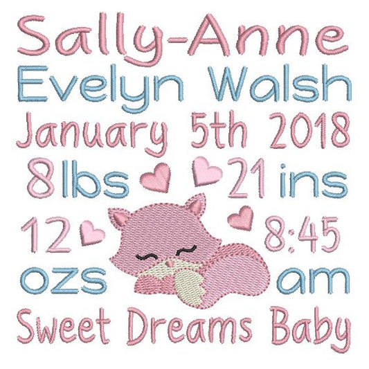 Baby girl birth announcement -custom embroidery design by rosiedayembroidery.com