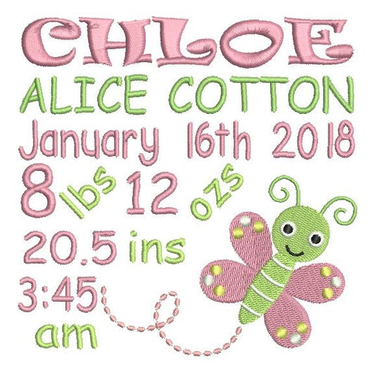 Baby girl birth announcement -custom embroidery design by rosiedayembroidery.com