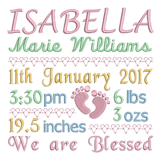 Baby Birth Announcement -Custom Embroidery Design by embroiderytree.com