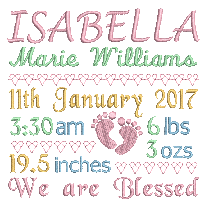 Baby Birth Announcement -Custom Embroidery Design by rosiedayembroidery.com