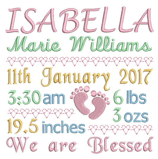 Baby Birth Announcement -Custom Embroidery Design by rosiedayembroidery.com