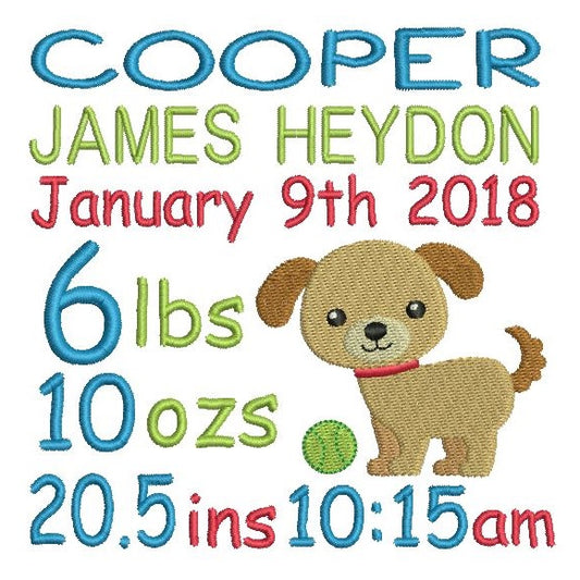 Baby boy birth announcement -custom embroidery design by rosiedayembroidery.com