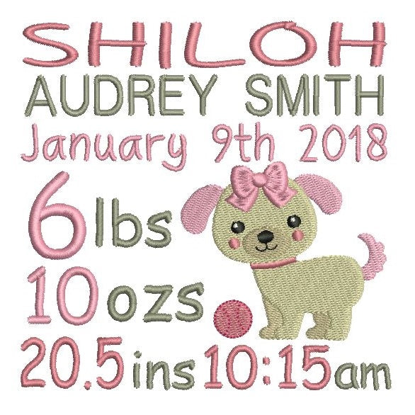 Baby girl birth announcement -custom embroidery design by rosiedayembroidery.com