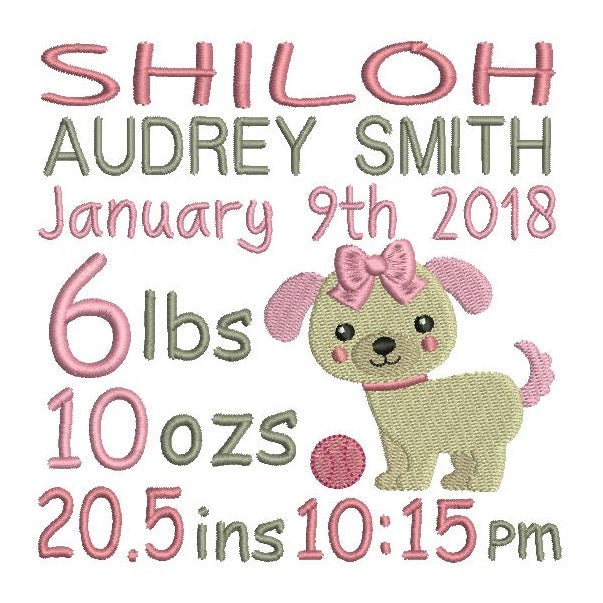 Baby girl birth announcement -custom embroidery design by rosiedayembroidery.com