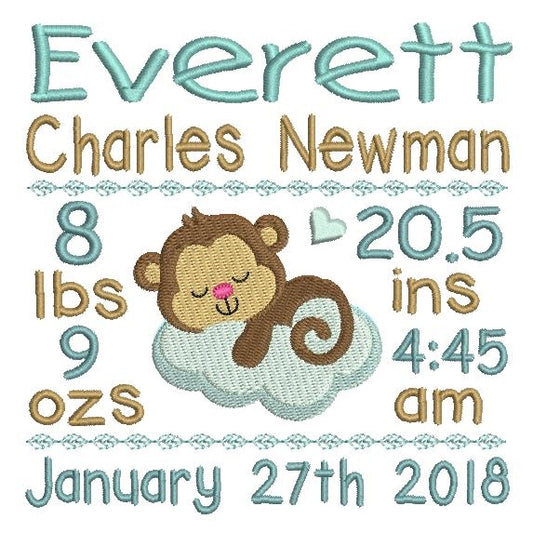 Baby boy birth announcement -custom embroidery design by rosiedayembroidery.com