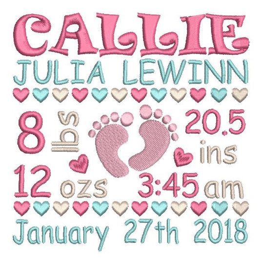 Baby girl birth announcement -custom embroidery design by rosiedayembroidery.com