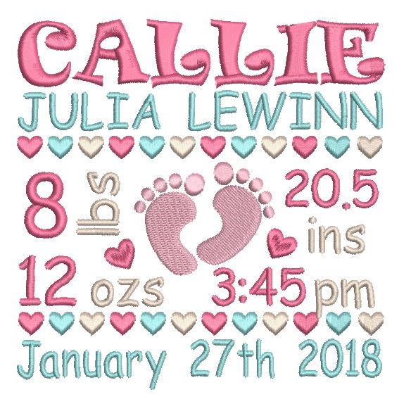 Baby birth announcement template machine embroidery design by rosiedayembroidery.com
