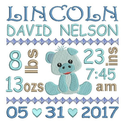 Baby boy birth announcement -custom embroidery design by rosiedayembroidery.com
