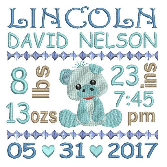 Baby boy birth announcement -custom embroidery design by rosiedayembroidery.com