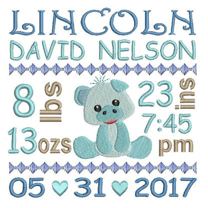 Baby boy birth announcement -custom embroidery design by rosiedayembroidery.com