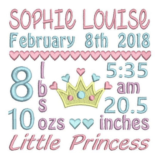 Baby girl birth announcement -custom embroidery design by rosiedayembroidery.com