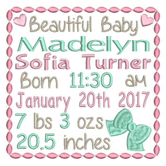 Baby Birth Announcement -Custom Embroidery Design by embroiderytree.com