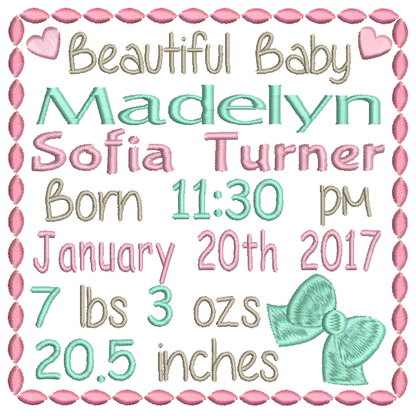 Baby Birth Announcement -Custom Embroidery Design by rosiedayembroidery.com