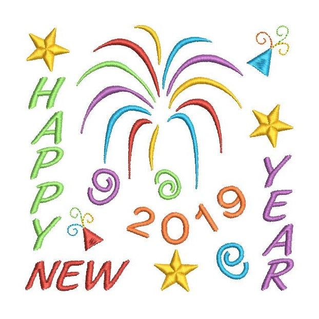 Happy New Year 2019 embroidery design by rosiedayembroidery.com