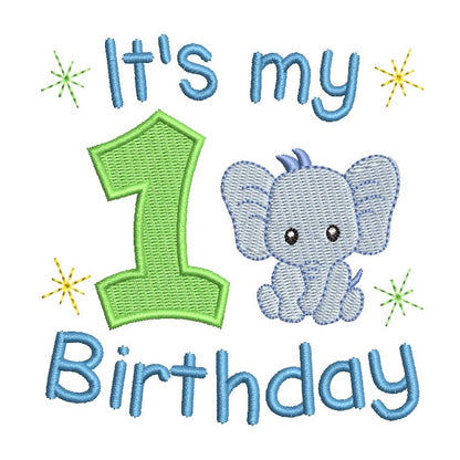 1st birthday number with elephant machine embroidery design by rosiedayembroidery.com