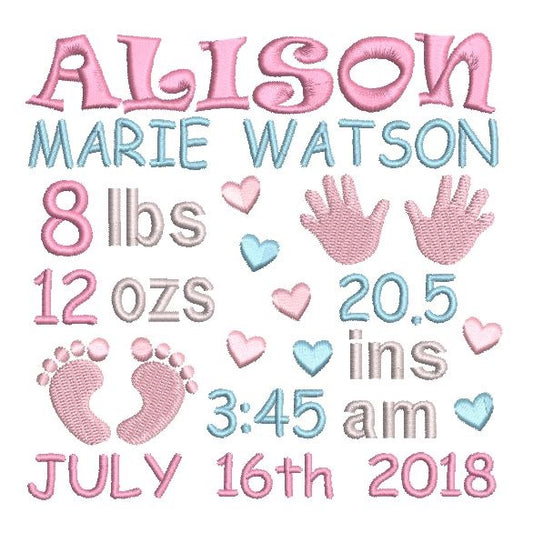 Baby birth announcement template machine embroidery design by rosiedayembroidery.com