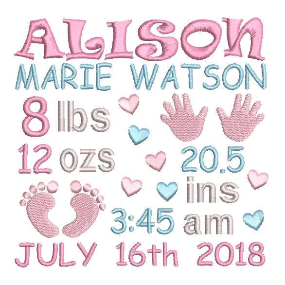 Baby birth announcement -custom embroidery design by rosiedayembroidery.com