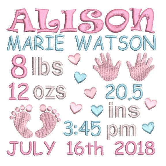 Baby birth announcement -custom embroidery design by rosiedayembroidery.com