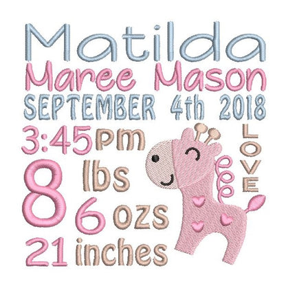 Baby birth announcement -custom embroidery design by rosiedayembroidery.com
