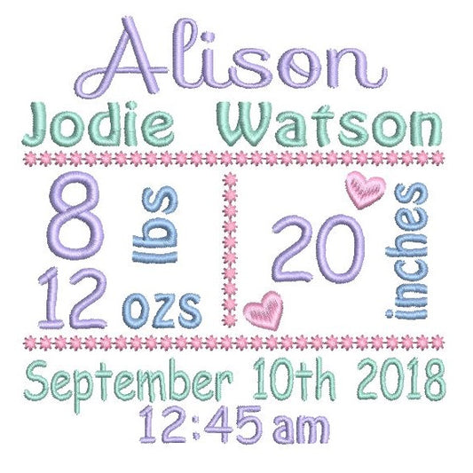 Baby birth announcement template machine embroidery design by rosiedayembroidery.com