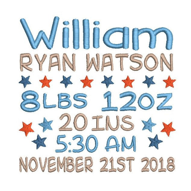 Baby birth announcement -custom embroidery design by rosiedayembroidery.com