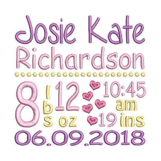 Baby birth announcement -custom embroidery design by rosiedayembroidery.com