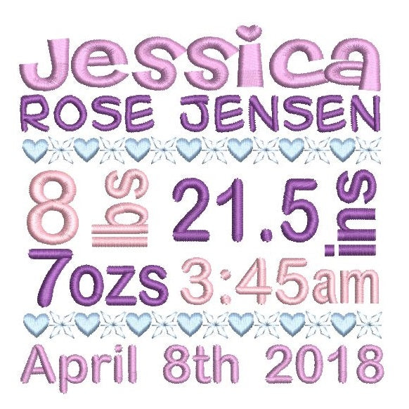 Baby girl birth announcement -custom embroidery design by rosiedayembroidery.com