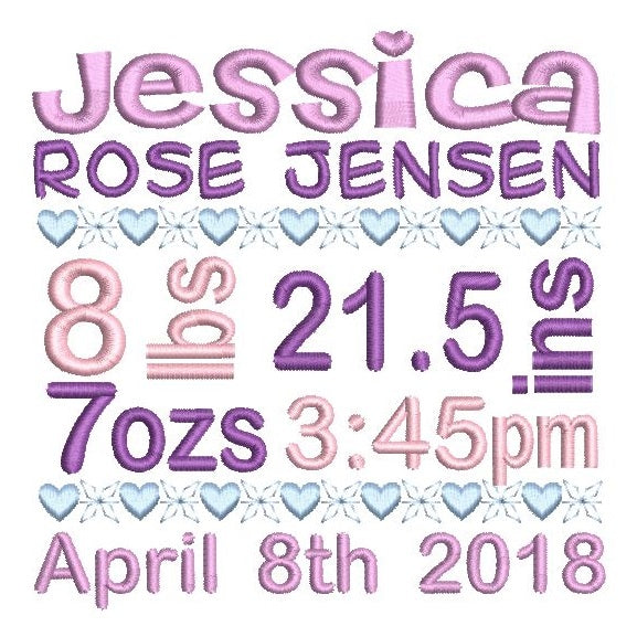 Baby girl birth announcement -custom embroidery design by rosiedayembroidery.com