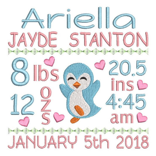 Baby birth announcement -custom embroidery design by rosiedayembroidery.com