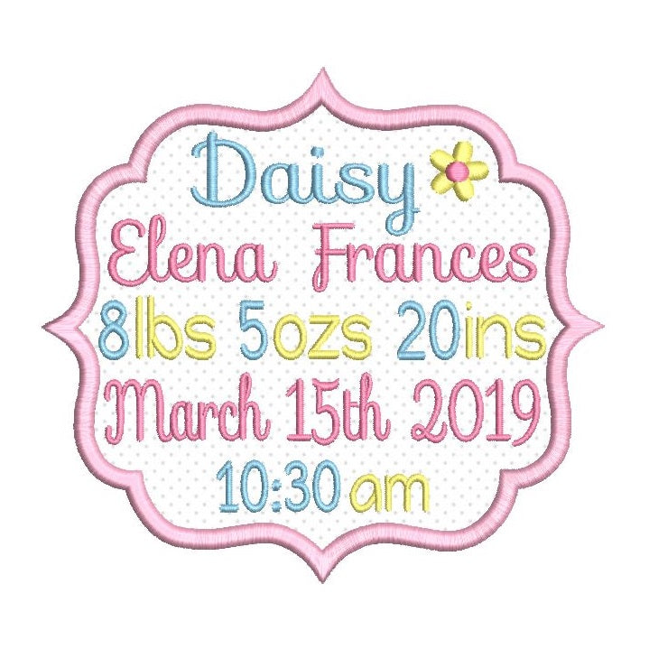Baby birth announcement -template machine embroidery design by rosiedayembroidery.com