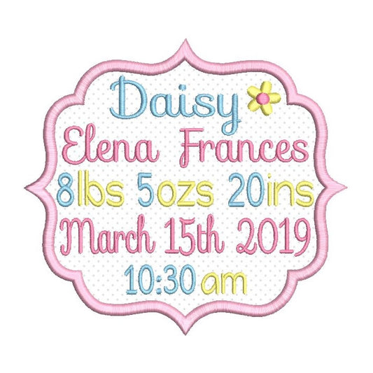 Baby birth announcement -custom embroidery design by rosiedayembroidery.com