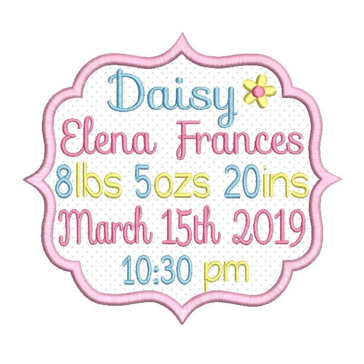 Baby birth announcement -template machine embroidery design by rosiedayembroidery.com