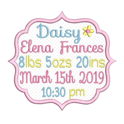 Baby birth announcement -template machine embroidery design by rosiedayembroidery.com