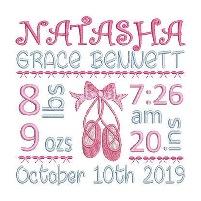 Baby birth stats template machine embroidery design by rosiedayembroidery.com