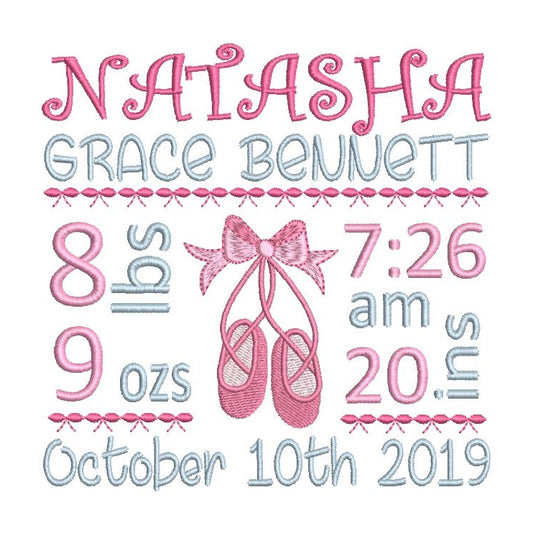 Baby birth stats template machine embroidery design by rosiedayembroidery.com