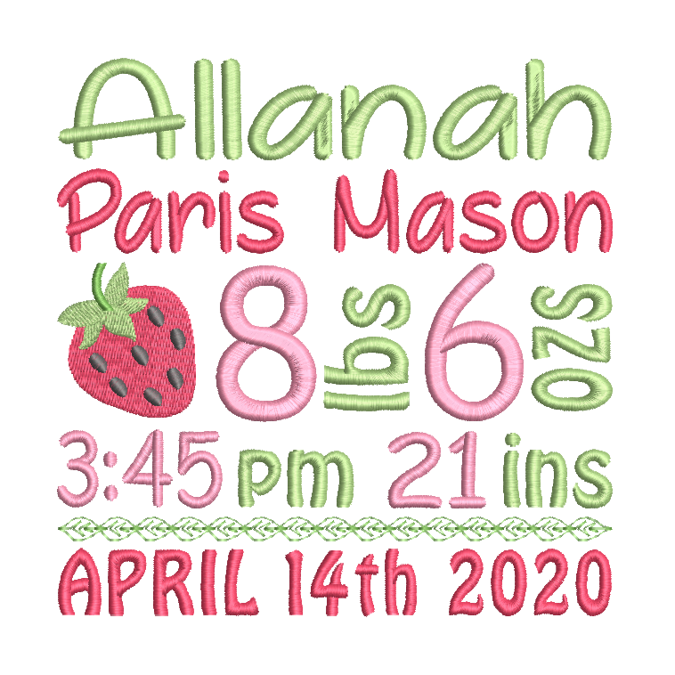 Baby birth stats template machine embroidery design by rosiedayembroider.com