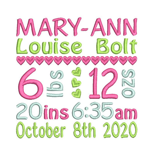 Baby birth announcement template machine embroidery design by rosiedayembroidery.com