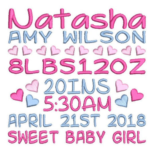 Baby birth announcement template machine embroidery design by rosiedayembroidery.com