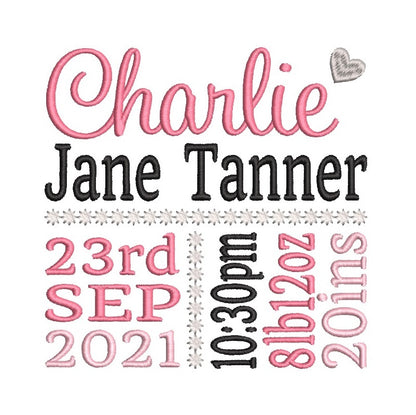 Baby birth announcement machine embroidery design by rosiedayembroidery.com