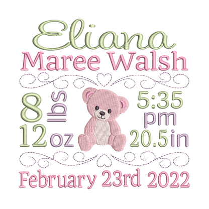 Baby Birth Announcement Machine Embroidery Design by rosiedayembroidery.com